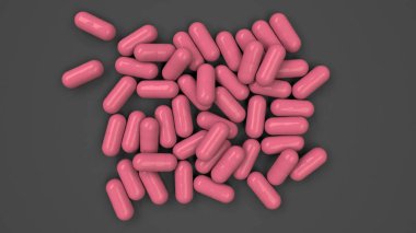 Siyah zemin üzerine kırmızı ilaç kapsül yığını. Tıp, sağlık veya eczane konsepti. 3D render illüstrasyon