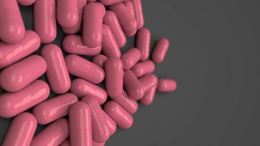 Siyah zemin üzerine kırmızı ilaç kapsül yığını. Tıp, sağlık veya eczane konsepti. 3D render illüstrasyon