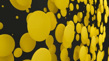 Rastgele büyüklükteki siyah zemin üzerine sarı diskleri. Arka plan daire ile. Bulut çevrelerin duvar önünde. 3D render illüstrasyon