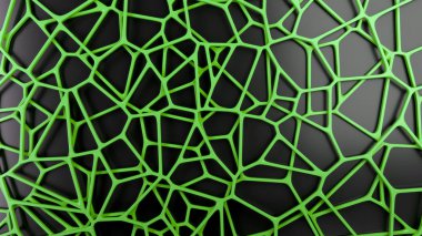 Siyah arka plan üzerine soyut yeşil 3d rendeleyin. Hoparlör ızgara. Kaotik satır yapısı. 3D render illüstrasyon
