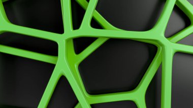 Siyah arka plan üzerine soyut yeşil 3d rendeleyin. Hoparlör ızgara. Kaotik satır yapısı. 3D render illüstrasyon