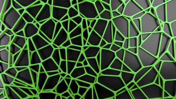 Siyah arka plan üzerine soyut yeşil 3d rendeleyin. Hoparlör ızgara. Kaotik satır yapısı. 3D render illüstrasyon