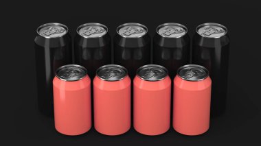 Büyük ve küçük siyah ve kırmızı soda siyah arka plan üzerine iki raws ayakta kutular. İçecek mockup. Bira veya içecek teneke paketi. 3D render illüstrasyon