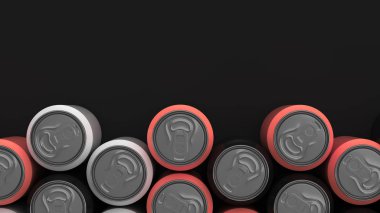 Büyük, siyah, siyah arka plan üzerine beyaz ve kırmızı soda kutular. İçecek mockup. Bira veya içecek teneke paketi. 3D render illüstrasyon