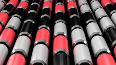 Siyah arka plan üzerine siyah, beyaz ve kırmızı soda RAWs kutular. İçecek mockup. Bira veya içecek teneke paketi. 3D render illüstrasyon