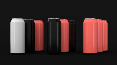 Siyah arka plan üzerine siyah, beyaz ve kırmızı soda kutular, ham. İçecek mockup. Bira veya içecek teneke paketi. 3D render illüstrasyon