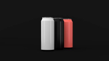 Siyah arka plan üzerine siyah, beyaz ve kırmızı soda kutular, ham. İçecek mockup. Bira veya içecek teneke paketi. 3D render illüstrasyon