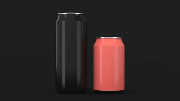 Grande Nero Piccolo Alluminio Rosso Lattine Soda Mockup Sfondo Nero — Foto Stock