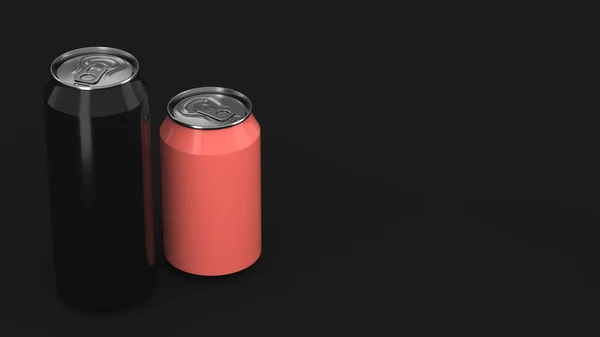 Big Black Small Red Aluminum Soda Cans Mockup Black Background — Stock Photo, Image