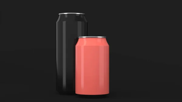 Big Black Small Red Aluminum Soda Cans Mockup Black Background — Stock Photo, Image