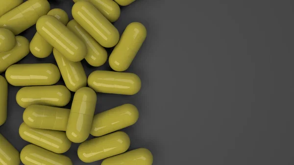 一堆黄色药物胶囊在黑色背景上 医疗或药学的概念 渲染插图 — 图库照片