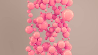 Rastgele büyüklükteki beyaz zemin üzerine kırmızı Küre. Arka plan daire ile. Bulut çevrelerin duvar önünde. 3D render illüstrasyon