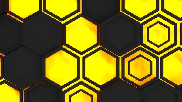 Abstract 3d background made of black hexagons on orange glowing background. Wall of hexagons. Honeycomb pattern. 3D render illustration