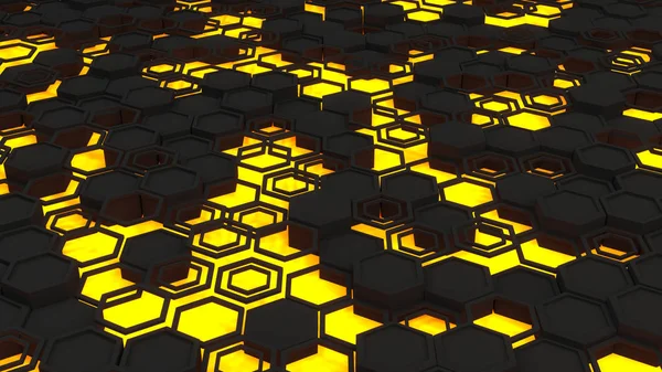Abstract 3d background made of black hexagons on orange glowing background. Wall of hexagons. Honeycomb pattern. 3D render illustration