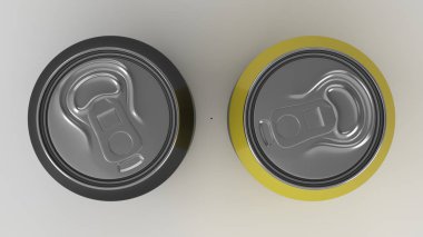 İki küçük alüminyum siyah ve sarı gazoz mockup beyaz arka plan üzerinde kutular. Bira veya içecek teneke paketi. 3D render illüstrasyon