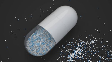 Siyah arka plan üzerinde renkli ilaç kapsül. Tıbbi ya da eczane konsepti. 3D render illüstrasyon