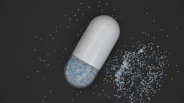 Siyah arka plan üzerinde renkli ilaç kapsül. Tıbbi ya da eczane konsepti. 3D render illüstrasyon