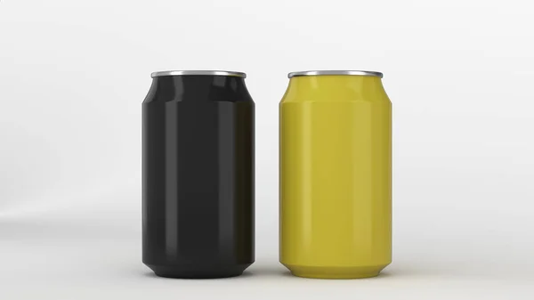 Twee Kleine Zwarte Gele Aluminium Soda Blikjes Mockup Witte Achtergrond — Stockfoto