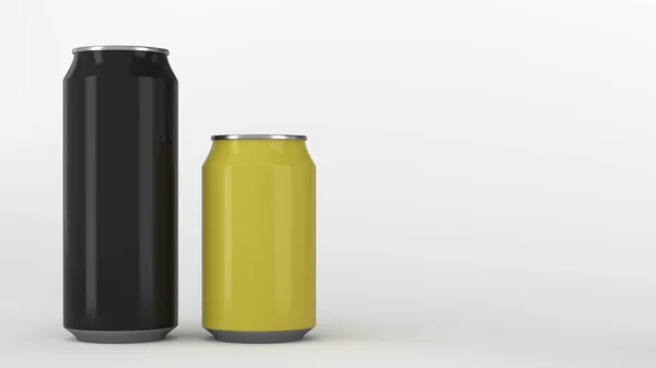 Duże Czarne Małe Żółte Aluminium Soda Puszek Makieta Białym Tle — Zdjęcie stockowe
