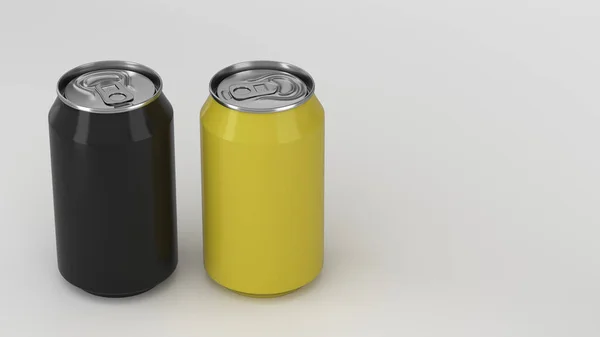 Dwa Małe Czarne Żółte Aluminium Soda Puszek Makieta Białym Tle — Zdjęcie stockowe