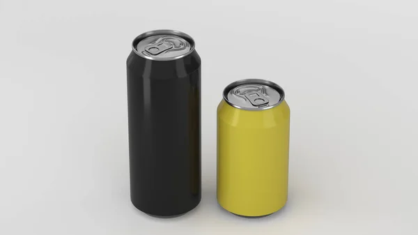 Grote Zwarte Kleine Gele Aluminium Soda Blikjes Mockup Witte Achtergrond — Stockfoto