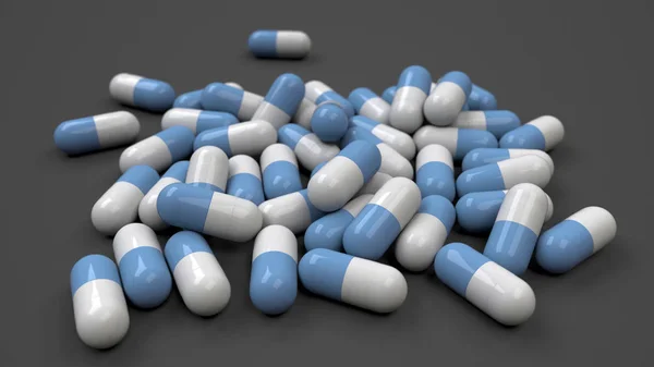 Pilha Cápsulas Medicina Branca Azul Sobre Fundo Preto Conceito Médico — Fotografia de Stock