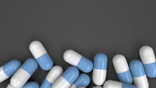 一堆白色和蓝色的药物胶囊在黑色的背景 医疗或药学的概念 渲染插图 — 图库照片