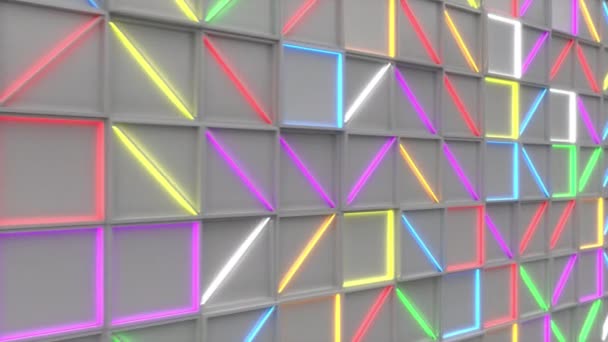 Muur Van Witte Rechthoek Tegels Met Kleurrijke Gloeiende Elementen Raster — Stockvideo
