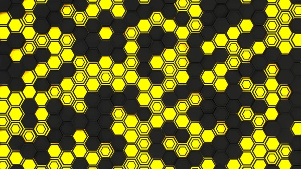 Abstract 3d background made of black hexagons on yellow glowing background. Wall of hexagons. Honeycomb pattern. 3D render illustration