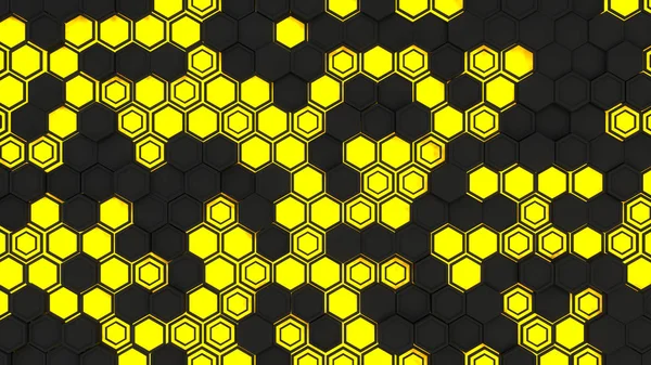 Abstract 3d background made of black hexagons on yellow glowing background. Wall of hexagons. Honeycomb pattern. 3D render illustration