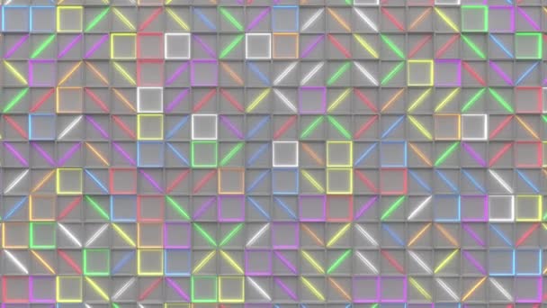墙上的白色矩形瓷砖与五颜六色的发光元素 正方形瓷砖网格 抽象背景 — 图库视频影像