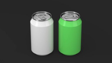 İki küçük beyaz ve yeşil alüminyum tozu siyah arka plan üzerine mockup kutular. Bira veya içecek teneke paketi. 3D render illüstrasyon