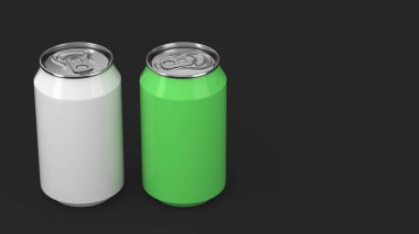 İki küçük beyaz ve yeşil alüminyum tozu siyah arka plan üzerine mockup kutular. Bira veya içecek teneke paketi. 3D render illüstrasyon