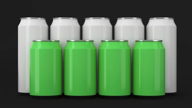 Büyük ve küçük beyaz ve yeşil soda siyah arka plan üzerine iki raws ayakta kutular. İçecek mockup. Bira veya içecek teneke paketi. 3D render illüstrasyon