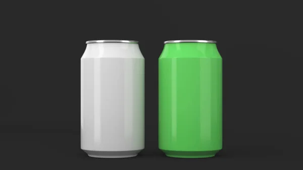 Twee Kleine Witte Groene Aluminium Soda Blikjes Mockup Zwarte Achtergrond — Stockfoto