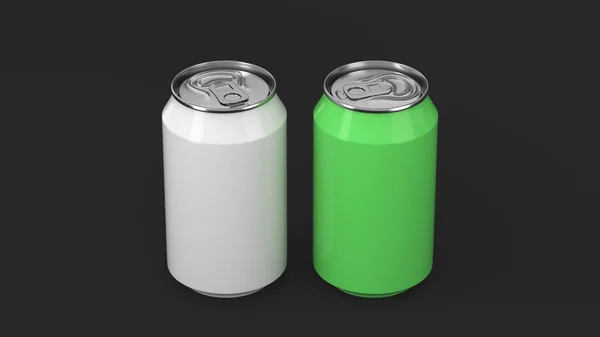 Dvě Malé Bílé Zelené Hliníkové Soda Plechovky Maketa Černém Pozadí — Stock fotografie