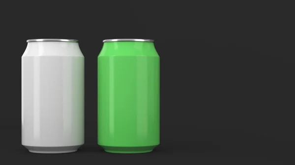 Дві Маленькі Білі Зелені Алюмінієві Содові Банки Маскуються Чорному Тлі — стокове фото