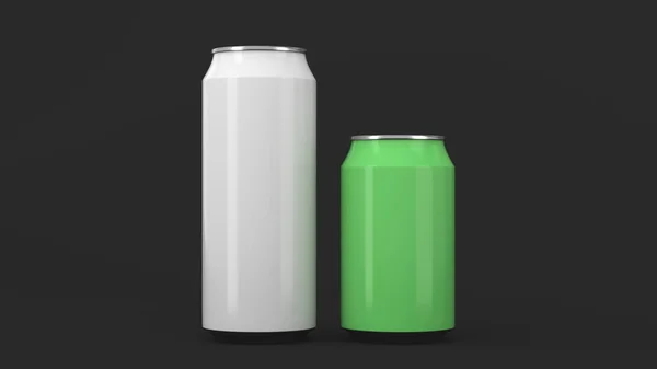 Grote Witte Kleine Groene Aluminium Soda Blikjes Mockup Zwarte Achtergrond — Stockfoto