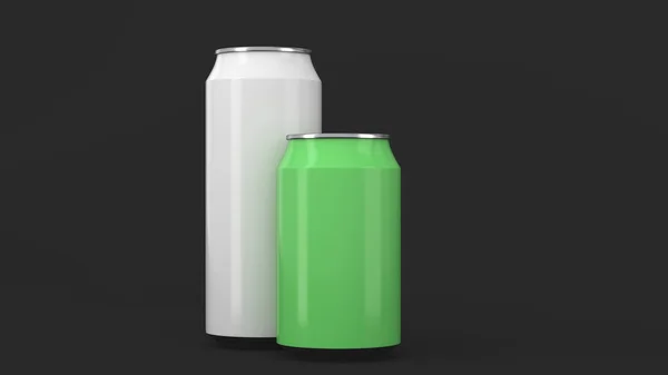 大白色和小绿色铝汽水罐样机在黑色背景 锡包啤酒或饮料 渲染插图 — 图库照片