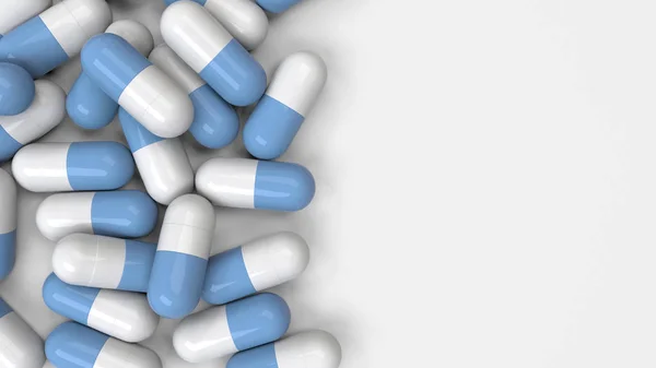 Pilha Cápsulas Medicamentos Brancos Azuis Sobre Fundo Branco Conceito Médico — Fotografia de Stock
