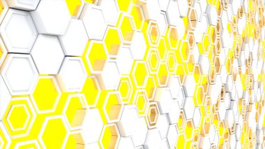 3d arka plan sarı parlak zemin üzerine beyaz altıgenler yapılmış. Altıgen yanarak bahislerin doğru duvarına. Petek desen. 3D render illüstrasyon