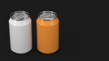 İki küçük beyaz ve turuncu alüminyum tozu siyah arka plan üzerine mockup kutular. Bira veya içecek teneke paketi. 3D render illüstrasyon