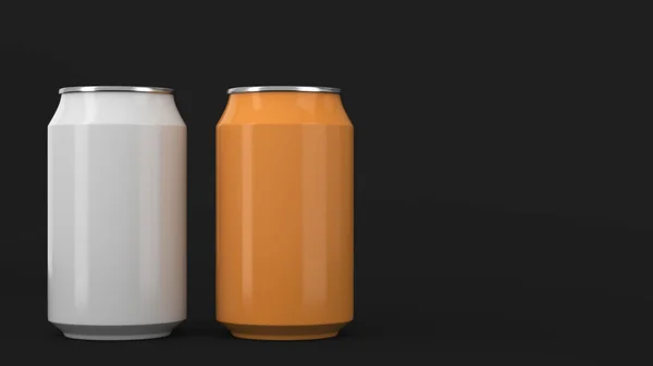 Két Kis Fehér Narancssárga Alumínium Soda Kannák Fekete Háttér Makett — Stock Fotó