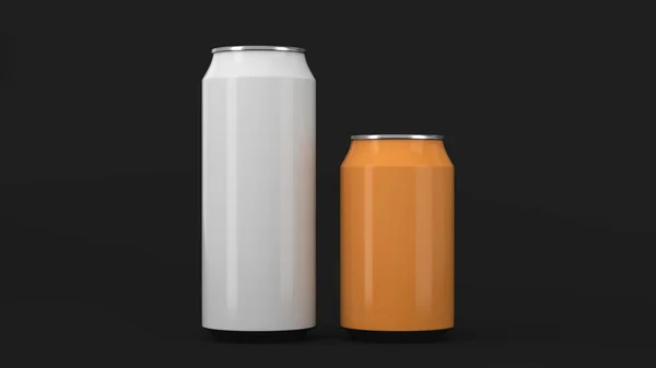 大白色和小橙铝汽水罐样机在黑色背景 锡包啤酒或饮料 渲染插图 — 图库照片