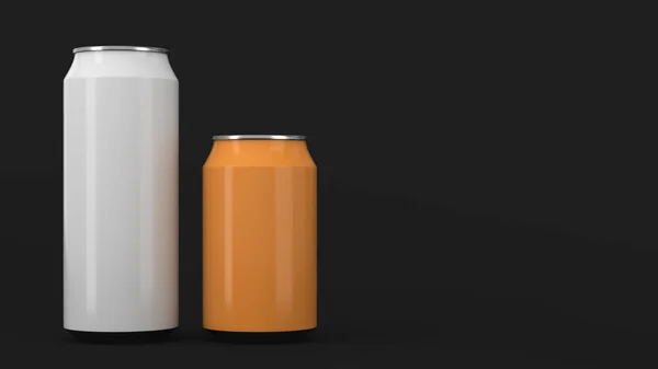 Grote Witte Kleine Oranje Aluminium Soda Blikjes Mockup Zwarte Achtergrond — Stockfoto