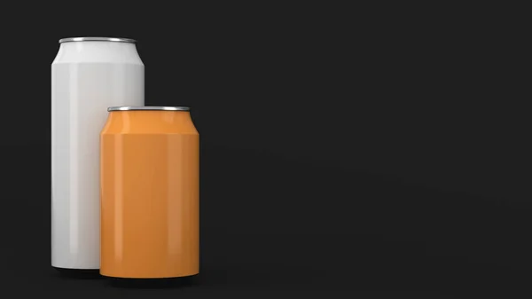 大きな白と小さなオレンジ色のアルミのソーダ缶を黒い背景にモックアップ ビールやドリンクの錫のパッケージです レンダリング図 — ストック写真