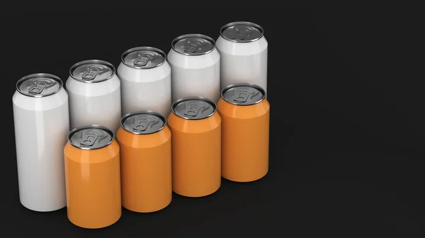 Velké Malé Bílé Oranžové Soda Plechovky Stojí Dvou Řadách Černém — Stock fotografie