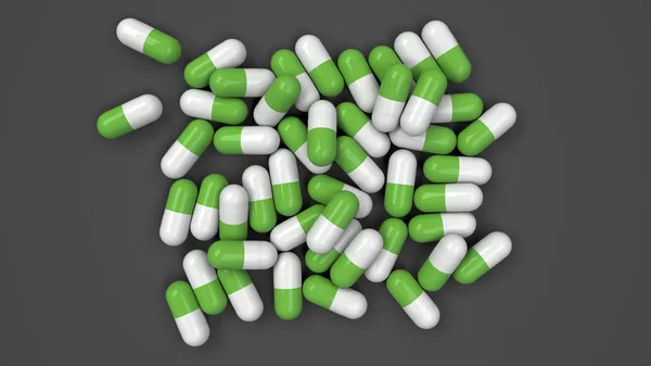 一堆白色和绿色的药物胶囊在黑色的背景 医疗或药学的概念 渲染插图 — 图库照片