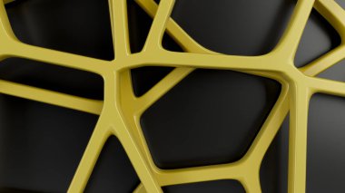 Siyah arka plan üzerine soyut sarı 3d rendeleyin. Hoparlör ızgara. Kaotik satır yapısı. 3D render illüstrasyon