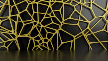Siyah arka plan üzerine soyut sarı 3d rendeleyin. Hoparlör ızgara. Kaotik satır yapısı. 3D render illüstrasyon